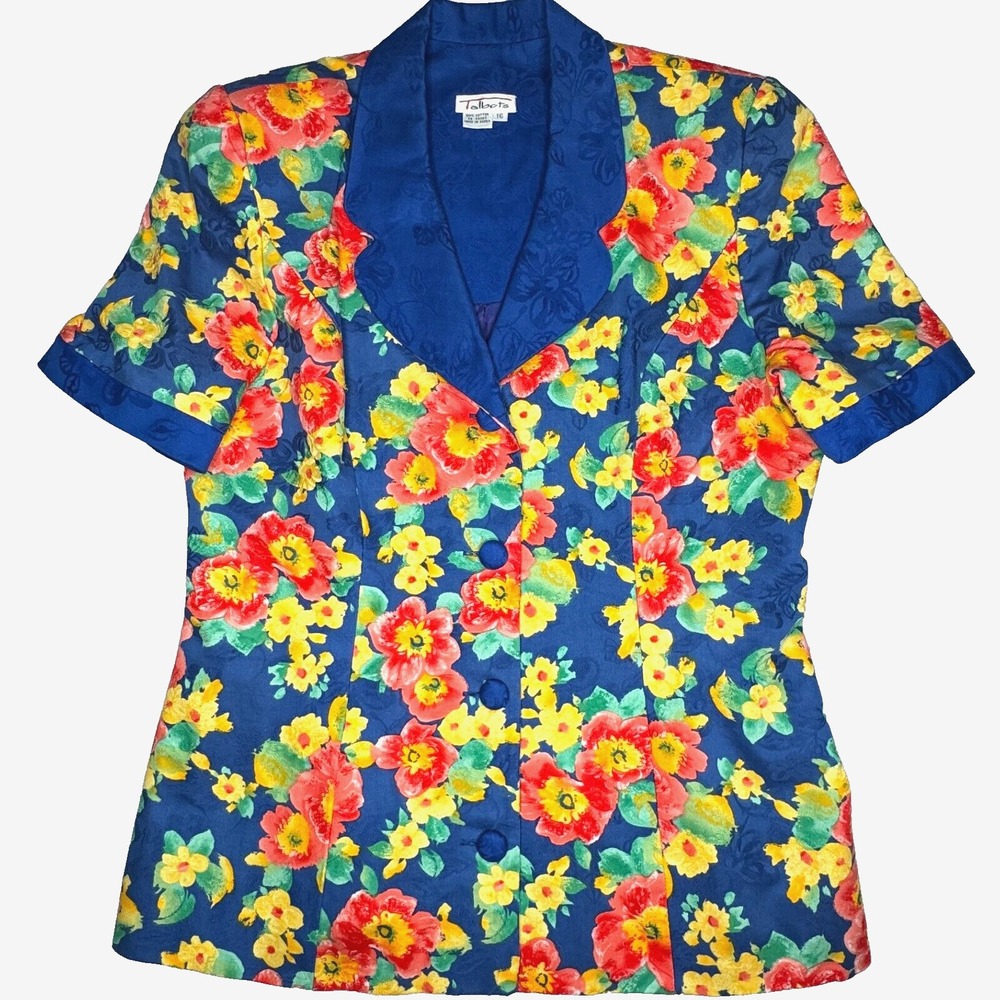 Vintage Talbots Blazer Top Womens 16 Blue Floral 100% Cotton Short Sleeve Spring